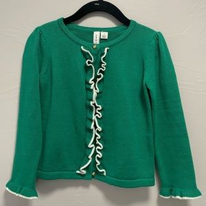 Janie and Jack green cardigan with ruffle detail and gold buttons..